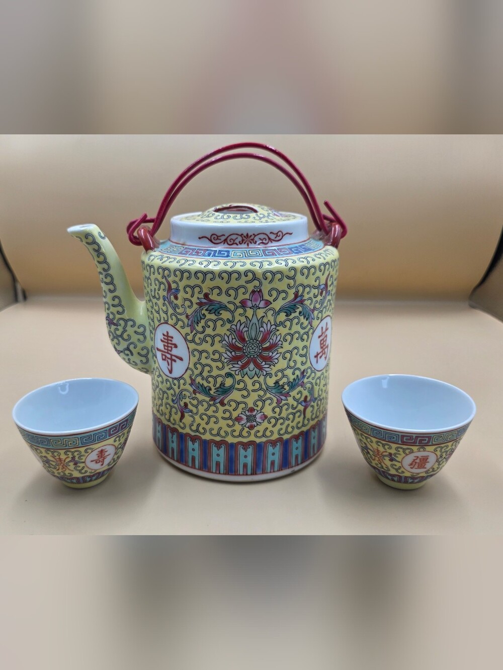 Chinese Jingdezhen porcelain teapot W/ cups featuring Mun Shou longevity design
